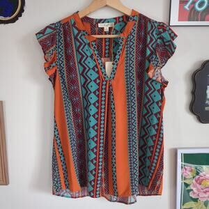 Easel Orange Turquoise Geometric Print Ruffle Sleeve Top Size S